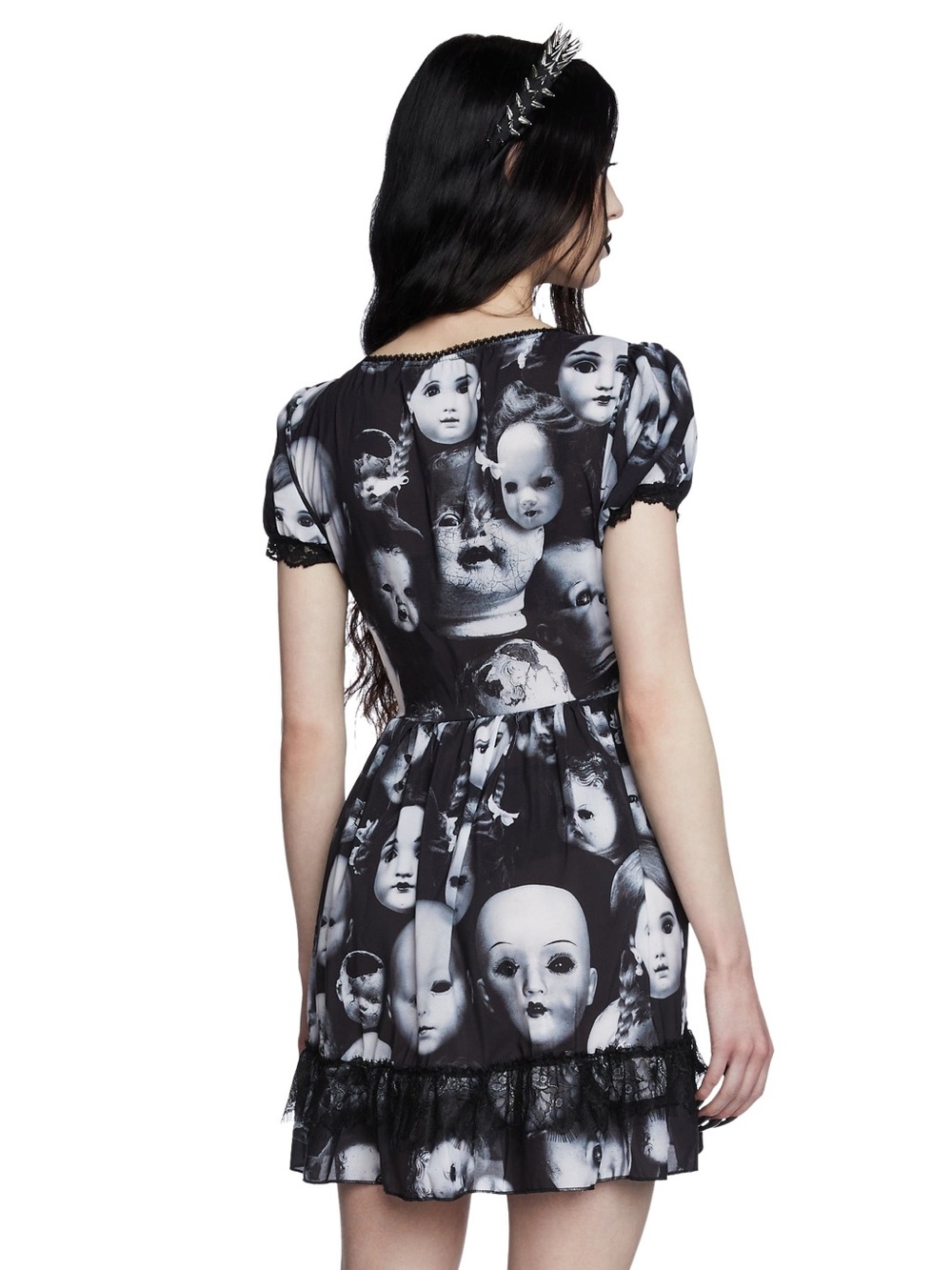 Dolls Kill Black & White Doll Face Mini Dress, Babydoll Dress - Picture 4 of 7